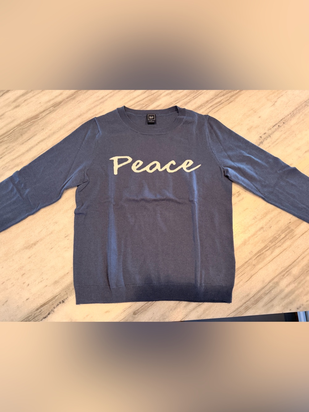 GAP Blue Sweater with 'Peace' Script